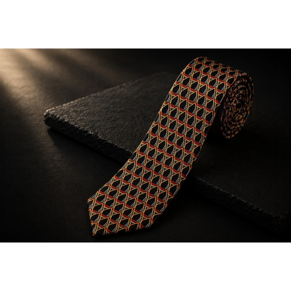 Paul Fredrick Italian Silk Tie Navy Blue Red Gold Geometric Hand Tailored USA